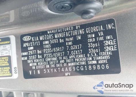 2012 Kia Sorento Lx from USA, damaged, VIN 5XYKT4A69CG189806